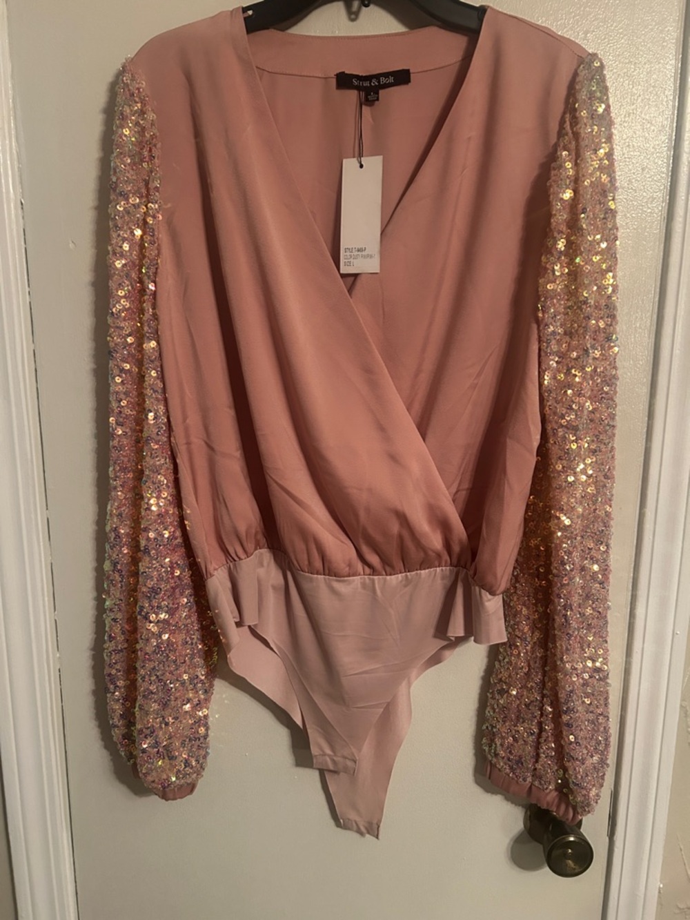 Sequin-Sleeve Blush Wrap Bodysuit by Shein & Box
